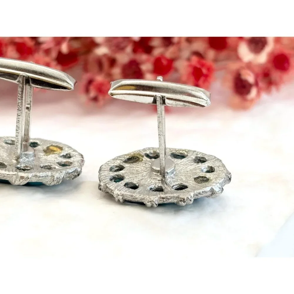 Faux Turquoise Silver Toned 80's Style Retro Oval Shaped Vintage Cuff Links
